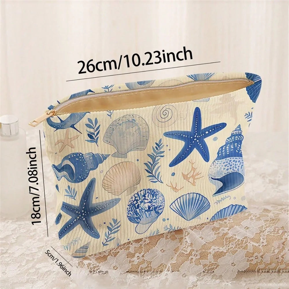 26x18cm Marine Life Print Corduroy Makeup Bag Zipper Cosmetic Pouch Ocean Pattern Organizer - 5