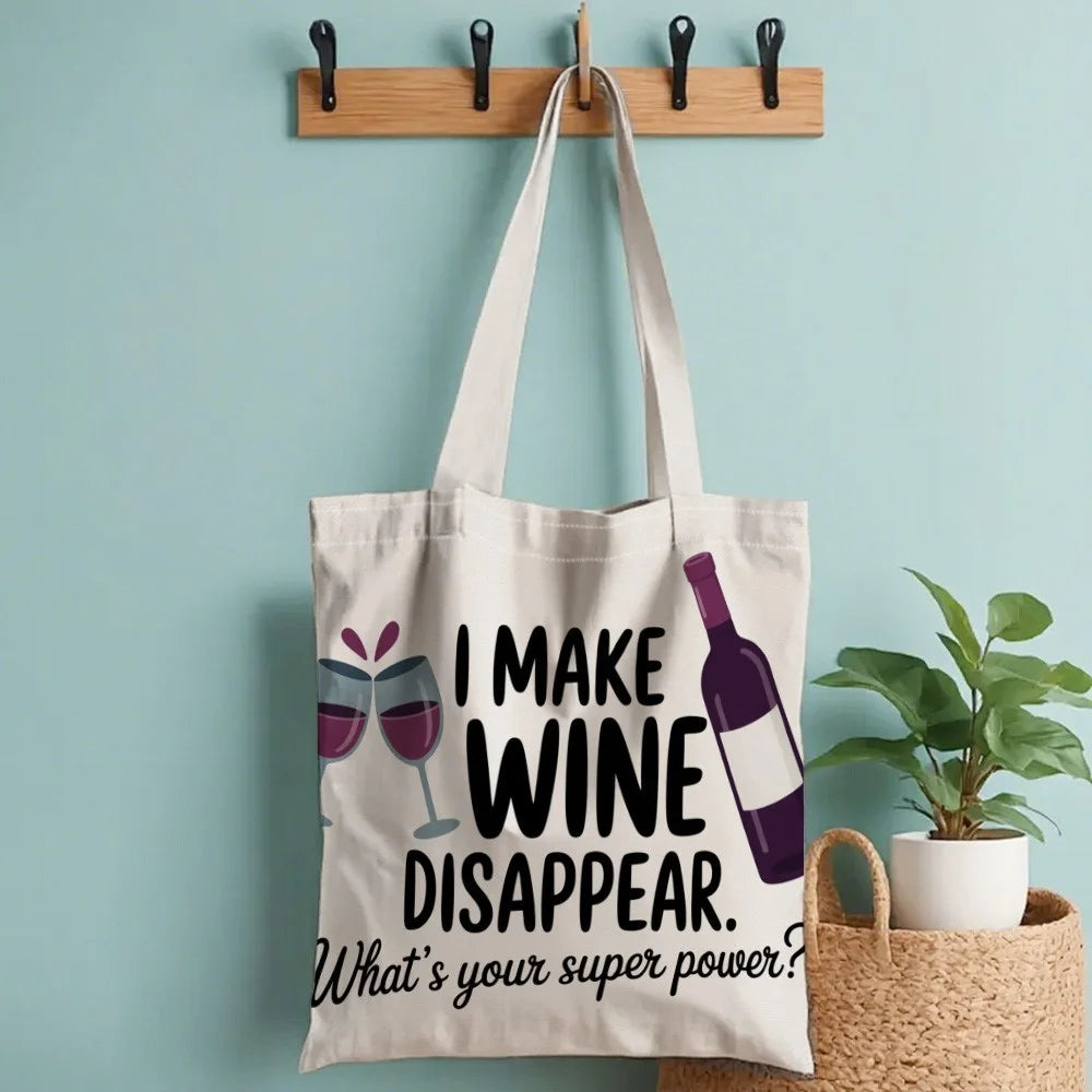 35x40cm Canvas Tote Bag Wine Letter Disappear Print Reusable Shoulder Bag for Shopping Travel - 1