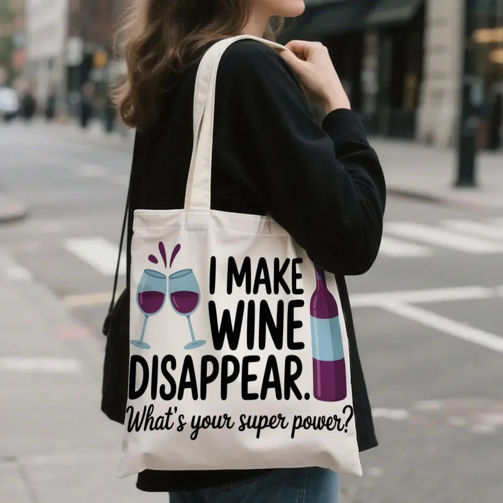 35x40cm Canvas Tote Bag Wine Letter Disappear Print Reusable Shoulder Bag for Shopping Travel - 2