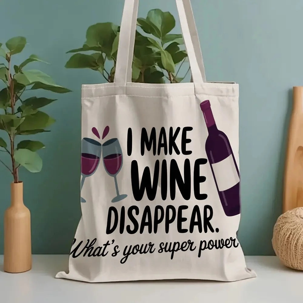 35x40cm Canvas Tote Bag Wine Letter Disappear Print Reusable Shoulder Bag for Shopping Travel - 3