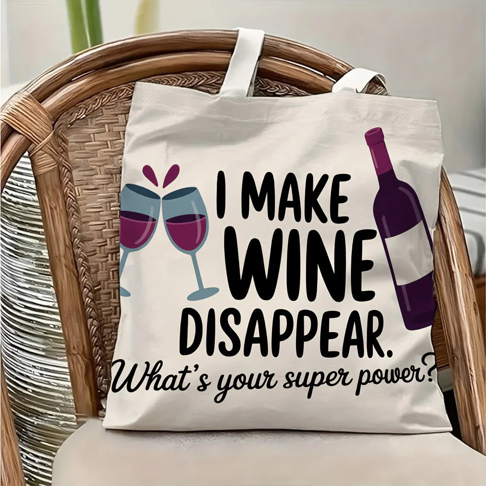 35x40cm Canvas Tote Bag Wine Letter Disappear Print Reusable Shoulder Bag for Shopping Travel - 4