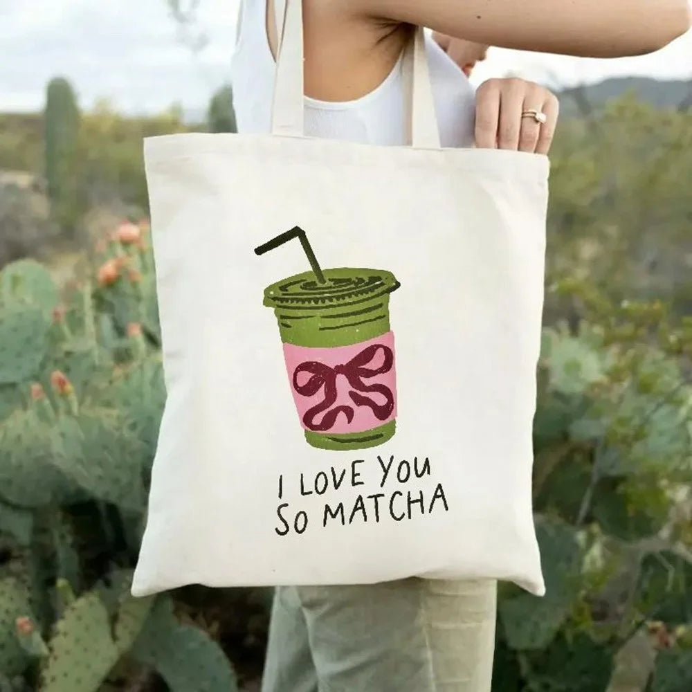 35x40cm Canvas Tote Bag Letter I LOVE YOU SO MATCHA Print Reusable Shoulder Bag for Student School Commute Work - 1