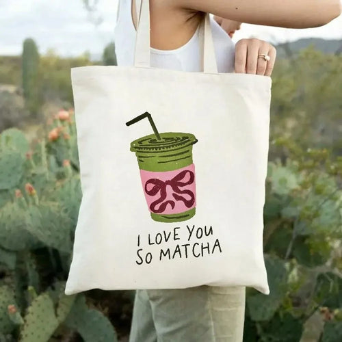 35x40cm Canvas Tote Bag Letter I LOVE YOU SO MATCHA Print Reusable Shoulder Bag for Student School Commute Work - 1