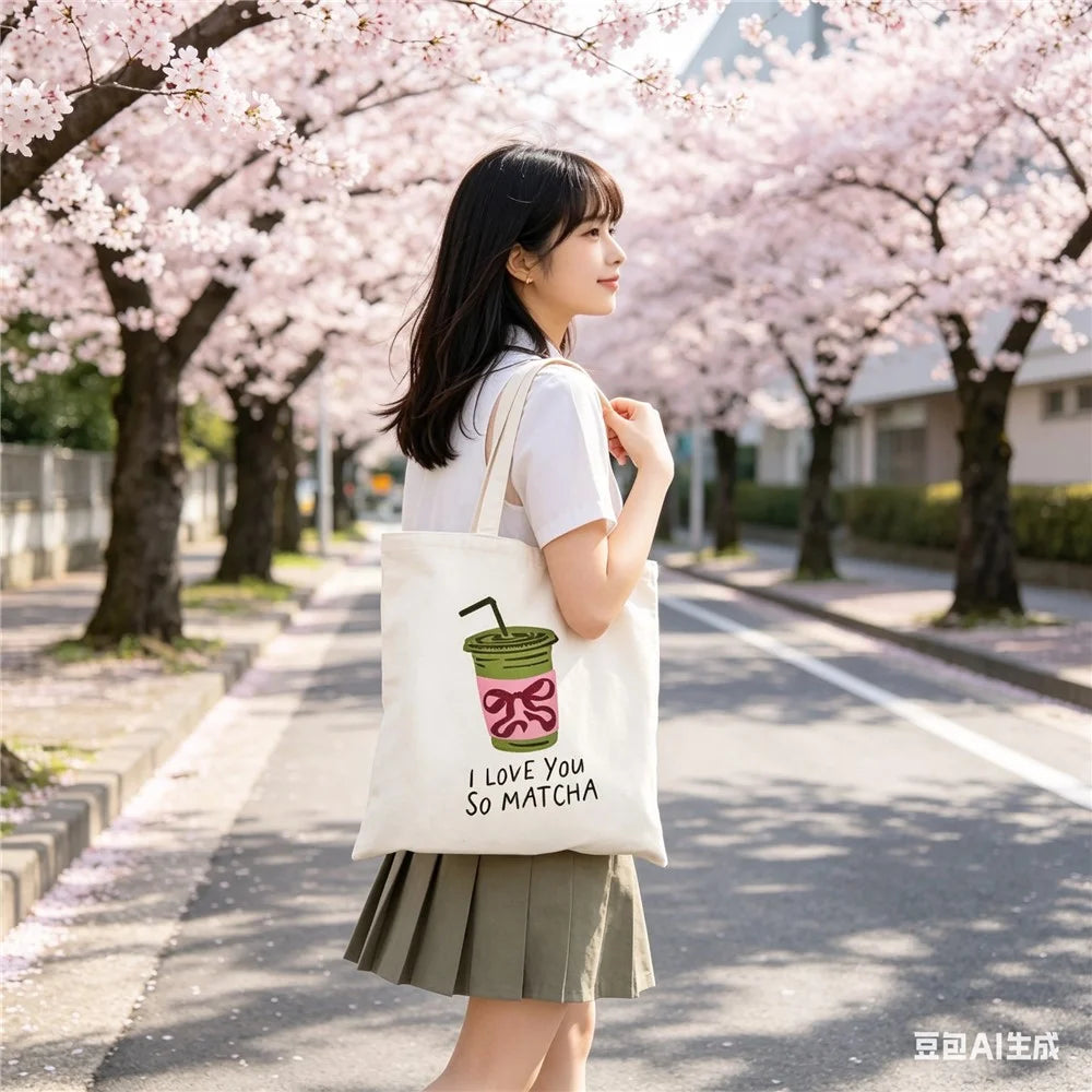 35x40cm Canvas Tote Bag Letter I LOVE YOU SO MATCHA Print Reusable Shoulder Bag for Student School Commute Work - 3
