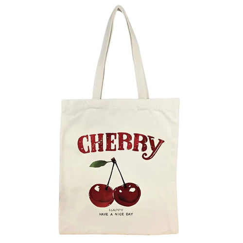 35x39cm Letter Cherry Print Canvas Tote Bag Large Capacity Reusable Shoulder Bag for Shopping Daily - 1