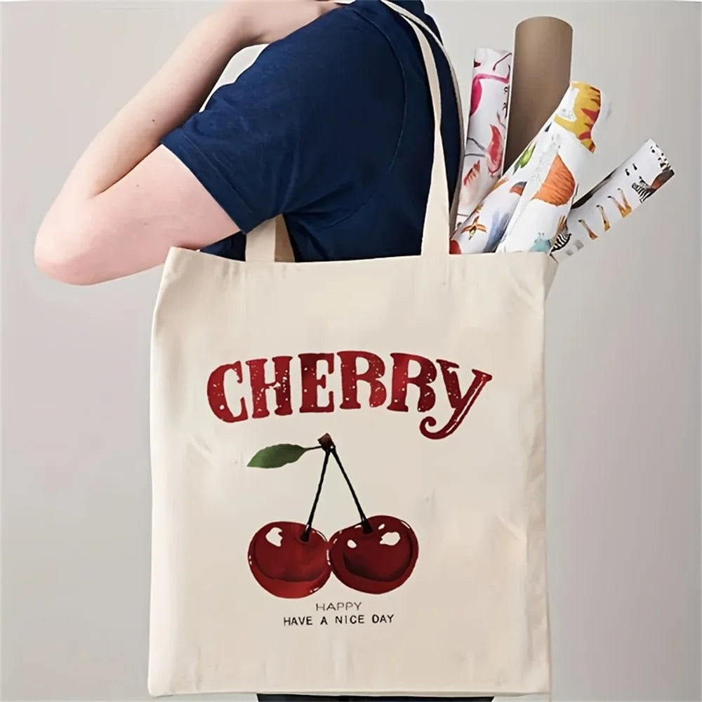 35x39cm Letter Cherry Print Canvas Tote Bag Large Capacity Reusable Shoulder Bag for Shopping Daily - 2
