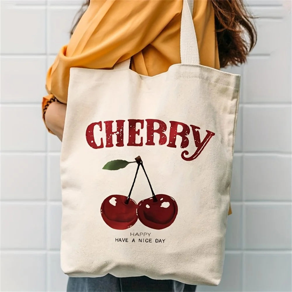 35x39cm Letter Cherry Print Canvas Tote Bag Large Capacity Reusable Shoulder Bag for Shopping Daily - 3