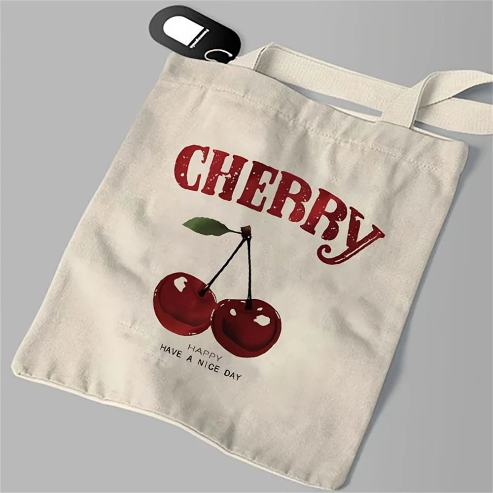 35x39cm Letter Cherry Print Canvas Tote Bag Large Capacity Reusable Shoulder Bag for Shopping Daily - 5