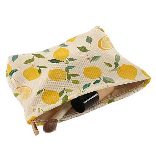 Summer Lemon Print Corduroy Makeup Bag Zipper Cosmetic Pouch Storage Organizer - 1