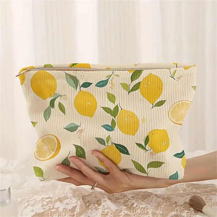 Summer Lemon Print Corduroy Makeup Bag Zipper Cosmetic Pouch Storage Organizer - 2
