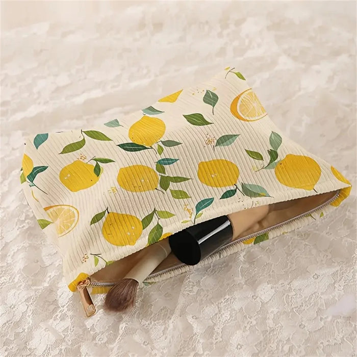 Summer Lemon Print Corduroy Makeup Bag Zipper Cosmetic Pouch Storage Organizer - 3