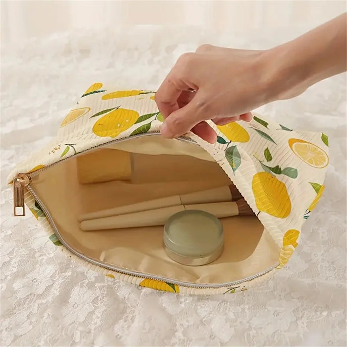 Summer Lemon Print Corduroy Makeup Bag Zipper Cosmetic Pouch Storage Organizer - 5