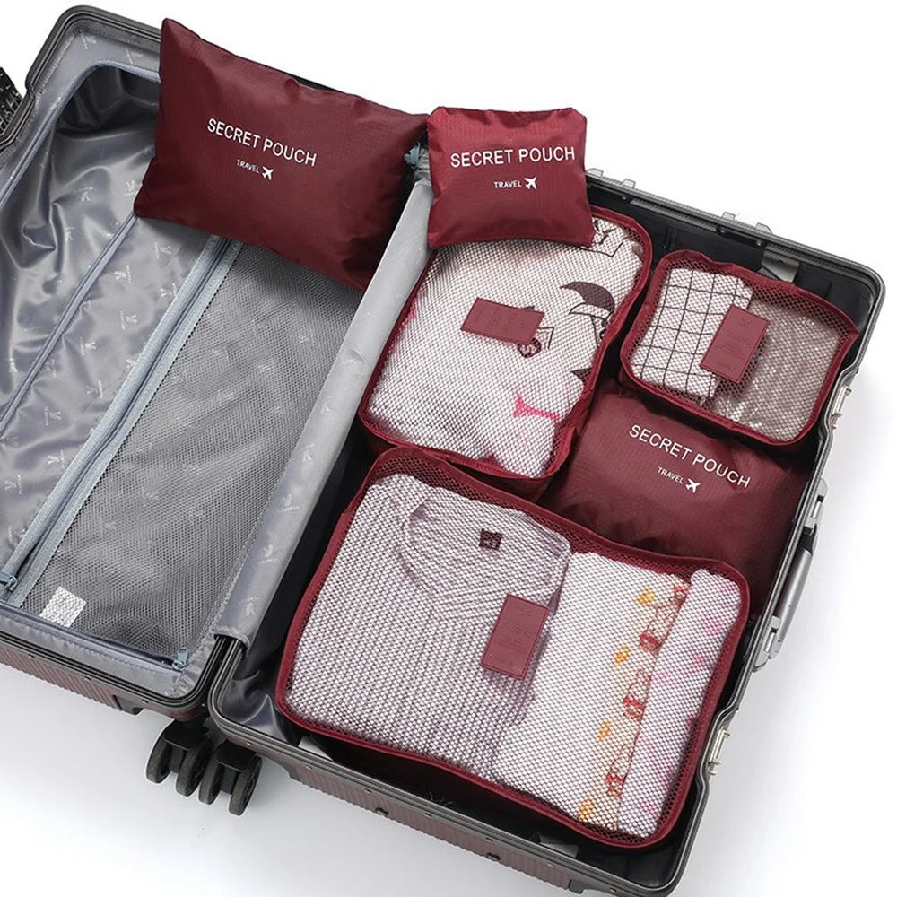 6Pcs / Set Travel Storage Bags Set Oxford Cloth Packing Cubes Mesh Bags for Luggage Organization - Wine Red - 1