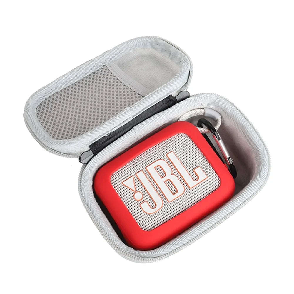 For JBL Go 4 Carrying Case Set Hard EVA Shell Storage Bag with Silicone Sleeve and Carabiner - Grey Interior / Red - 2
