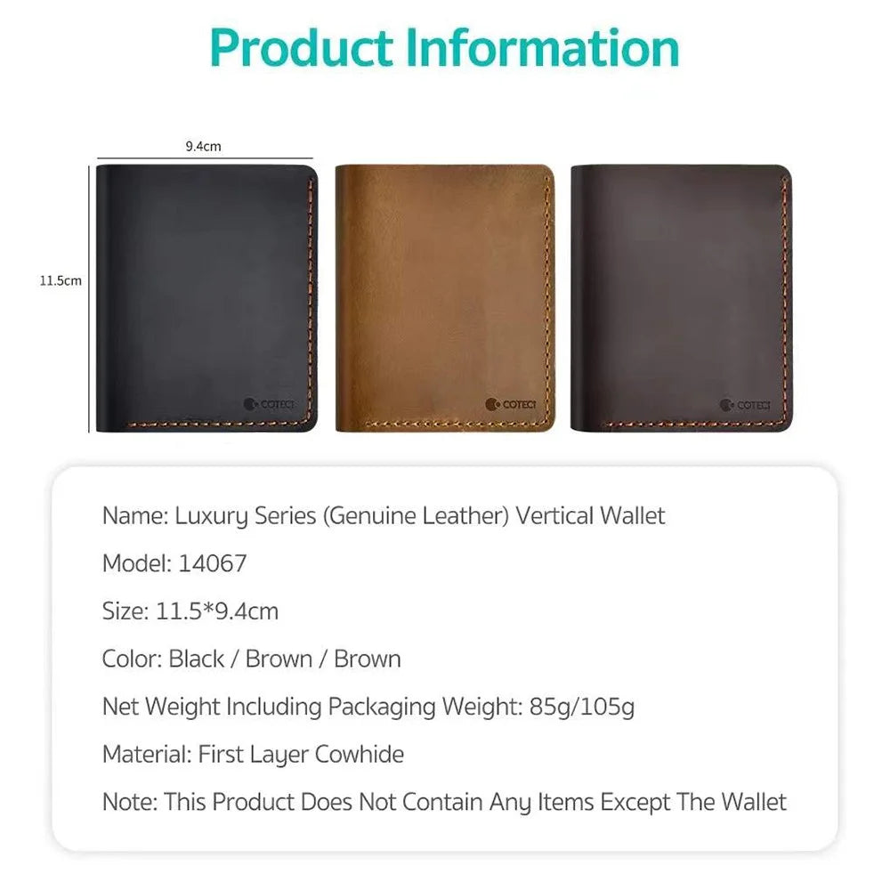 COTECI 14067 Genuine Cow Leather Vertical Wallet Card Holder Small Purse, 11.5x9.4cm - Brown - 6