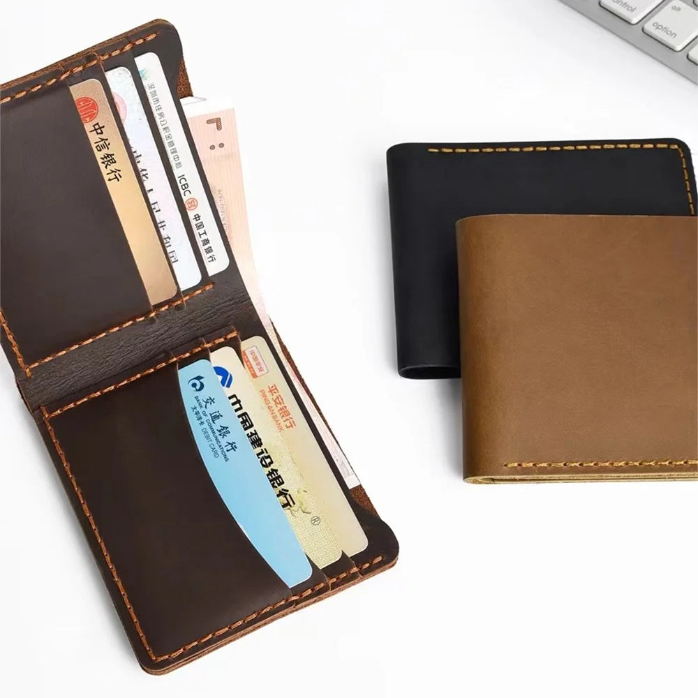 COTECI 14068 Genuine Cow Leather Wallet Horizontal Bifold 6 Card Slots Holder, 11.3x9cm - Brown - 2