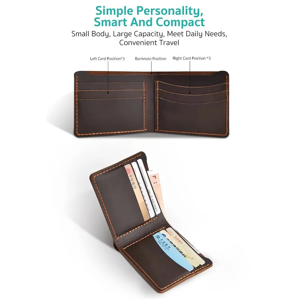 COTECI 14068 Genuine Cow Leather Wallet Horizontal Bifold 6 Card Slots Holder, 11.3x9cm - Brown - 4