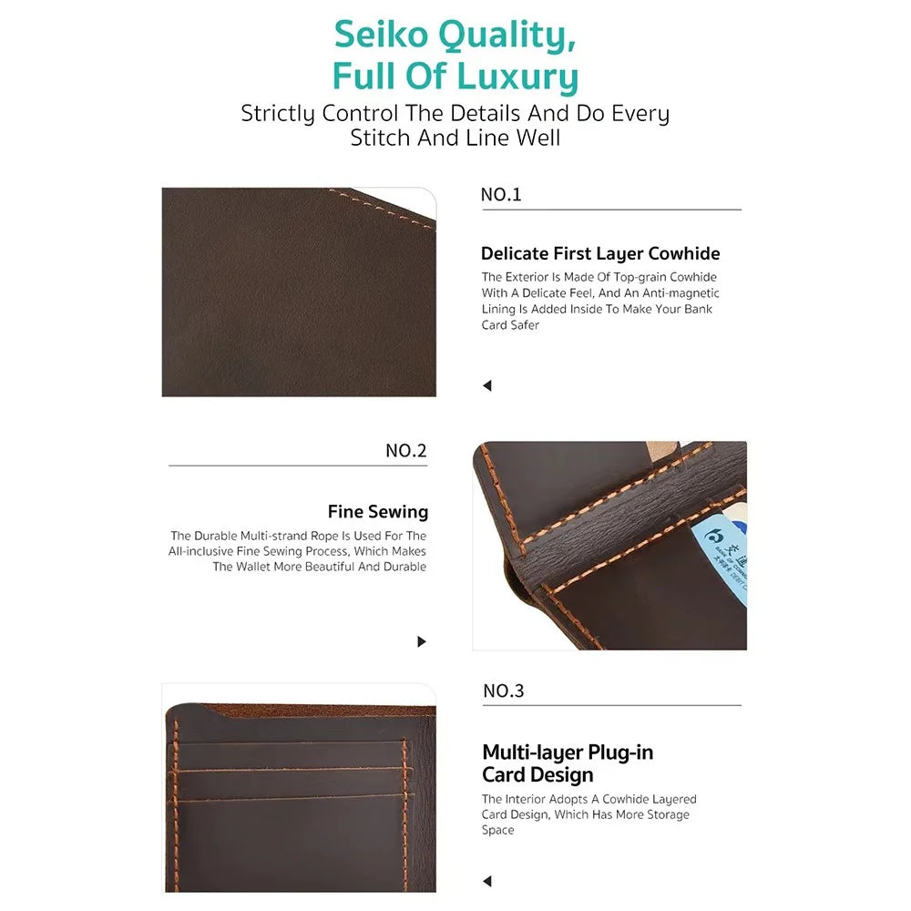 COTECI 14068 Genuine Cow Leather Wallet Horizontal Bifold 6 Card Slots Holder, 11.3x9cm - Brown - 5