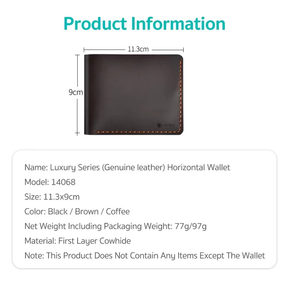 COTECI 14068 Genuine Cow Leather Wallet Horizontal Bifold 6 Card Slots Holder, 11.3x9cm - Brown - 6