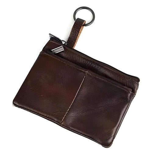 COTECi OT-001 Mini Wallet Genuine Cow Leather Coin Purse with Key Ring Double Zipper - Dark Brown - 1