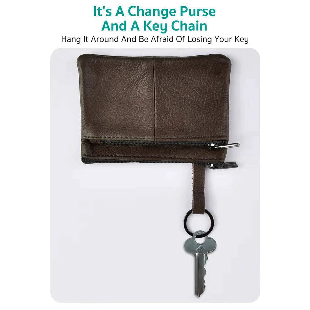 COTECi OT-001 Mini Wallet Genuine Cow Leather Coin Purse with Key Ring Double Zipper - Dark Brown - 2