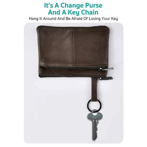 COTECi OT-001 Mini Wallet Genuine Cow Leather Coin Purse with Key Ring Double Zipper - Dark Brown - 2