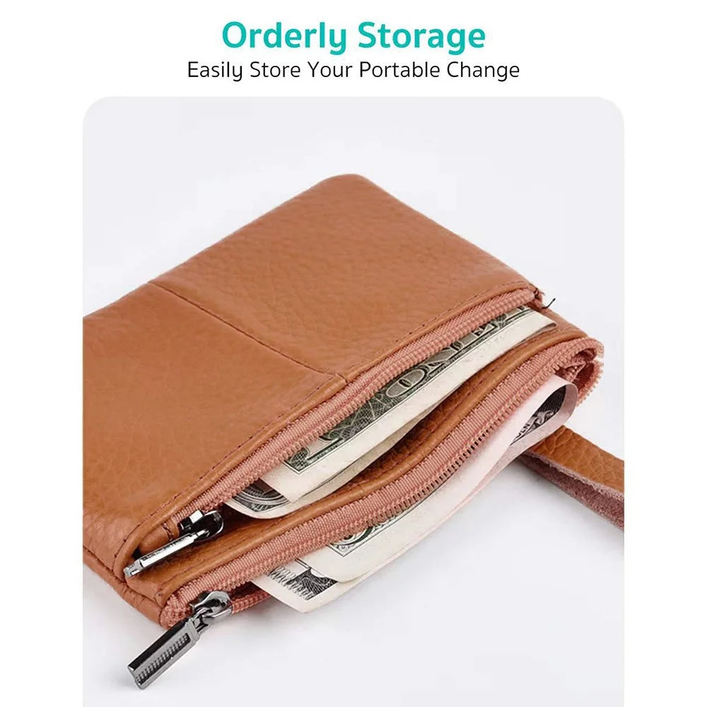 COTECi OT-001 Mini Wallet Genuine Cow Leather Coin Purse with Key Ring Double Zipper - Dark Brown - 3