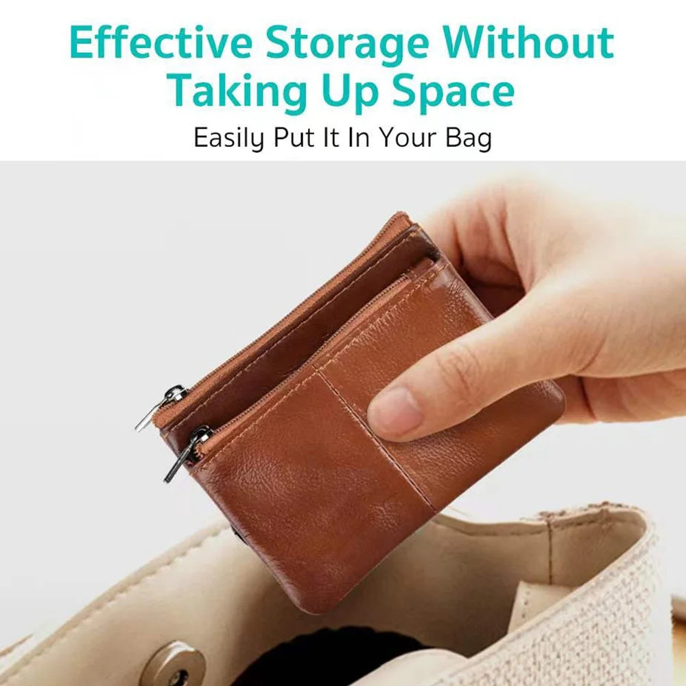 COTECi OT-001 Mini Wallet Genuine Cow Leather Coin Purse with Key Ring Double Zipper - Dark Brown - 4