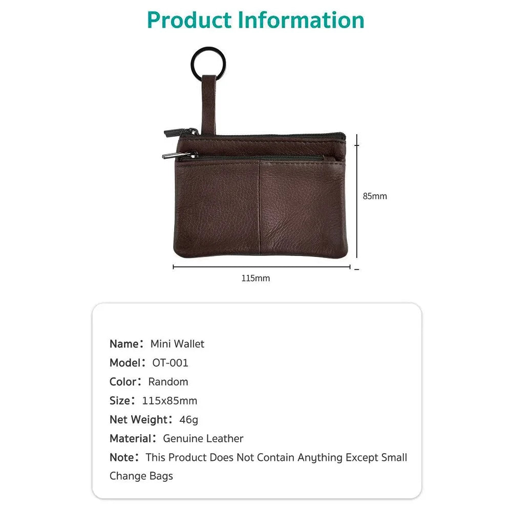 COTECi OT-001 Mini Wallet Genuine Cow Leather Coin Purse with Key Ring Double Zipper - Dark Brown - 5