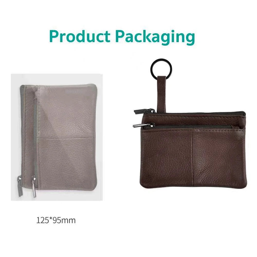 COTECi OT-001 Mini Wallet Genuine Cow Leather Coin Purse with Key Ring Double Zipper - Dark Brown - 6