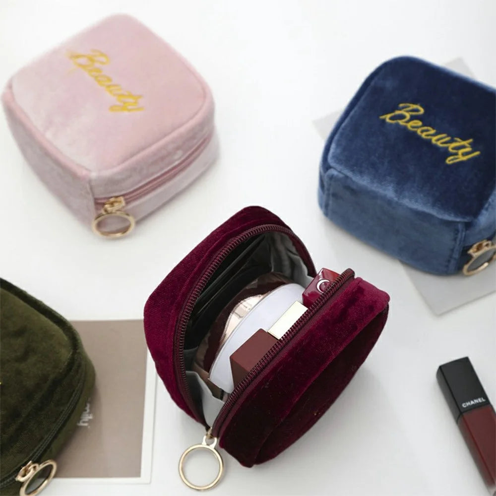 10x10x5cm Mini Velvet Cosmetic Bag Waterproof Lipstick Pouch Magic Tape Zipper Makeup Organizer for Travel - Wine Red - 4
