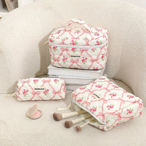 3Pcs Quilted Cosmetic Bag Set Makeup Organizer Travel Toiletry Pouch Set - Pink  /  Bow Flower - 1