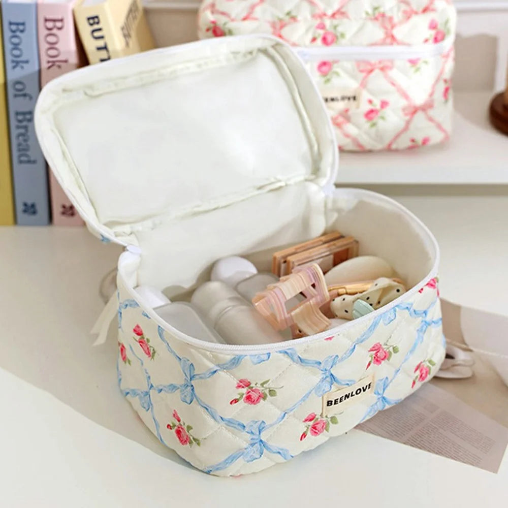 3Pcs Quilted Cosmetic Bag Set Makeup Organizer Travel Toiletry Pouch Set - Pink  /  Bow Flower - 3