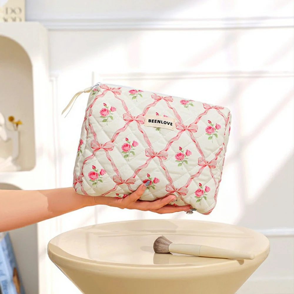 3Pcs Quilted Cosmetic Bag Set Makeup Organizer Travel Toiletry Pouch Set - Pink  /  Bow Flower - 4
