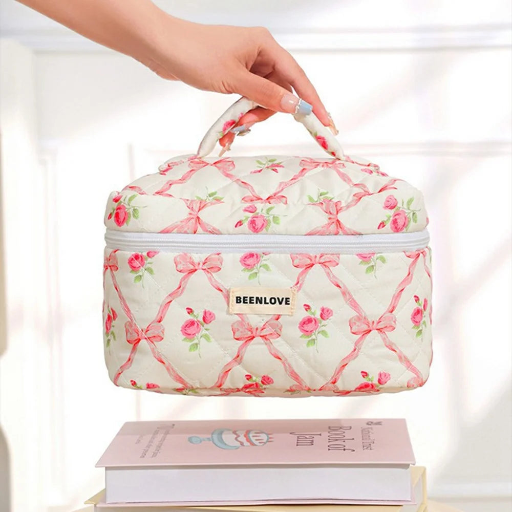 3Pcs Quilted Cosmetic Bag Set Makeup Organizer Travel Toiletry Pouch Set - Pink  /  Bow Flower - 5
