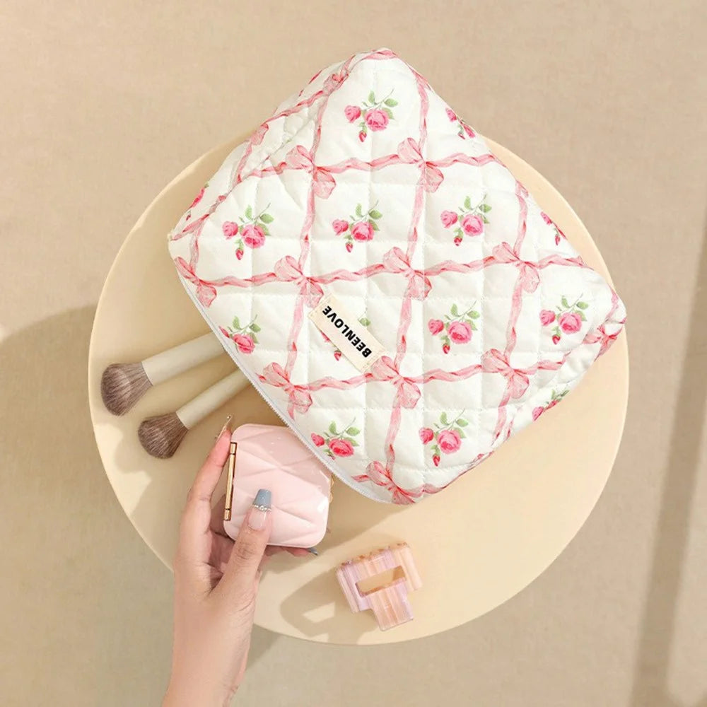 3Pcs Quilted Cosmetic Bag Set Makeup Organizer Travel Toiletry Pouch Set - Pink  /  Bow Flower - 6