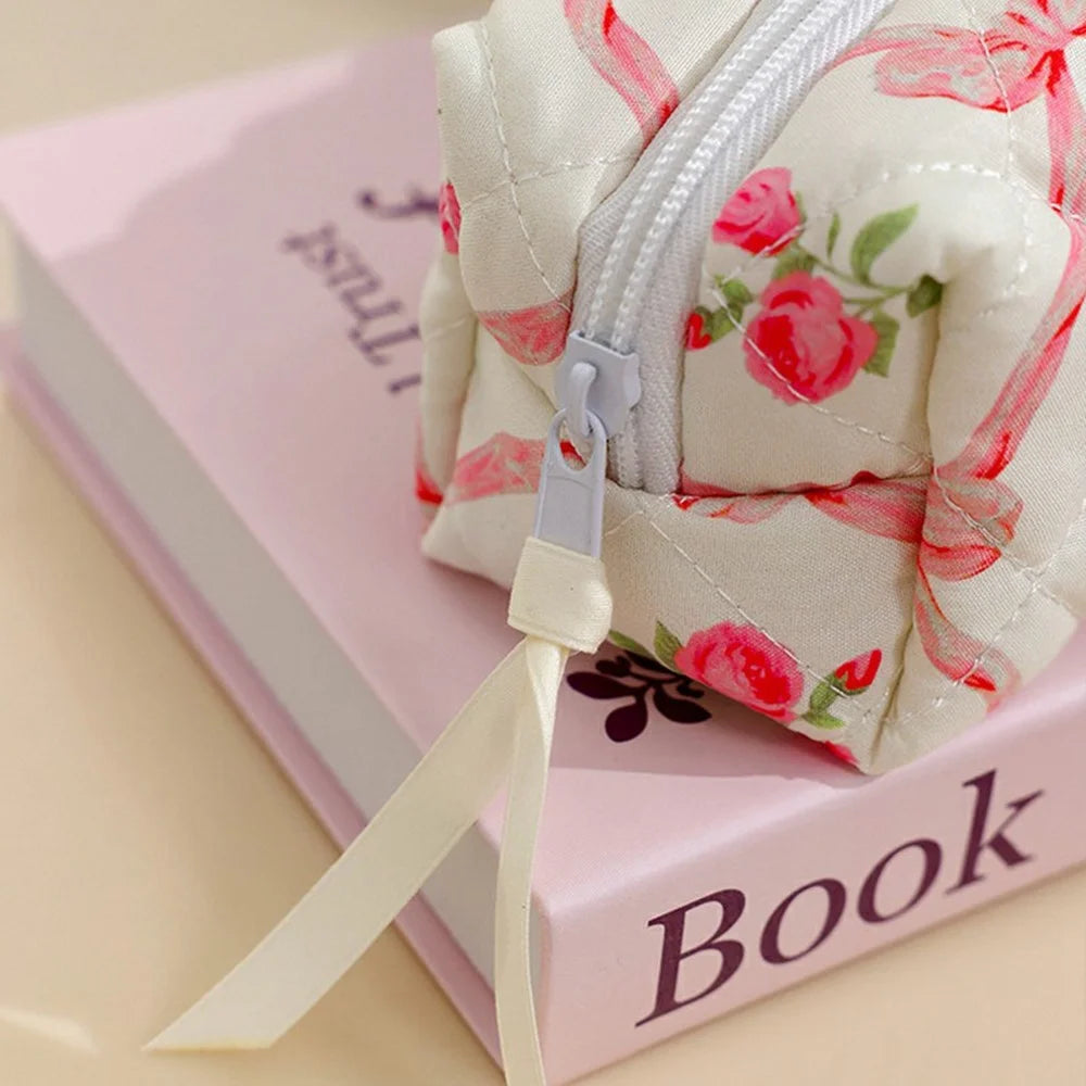 3Pcs Quilted Cosmetic Bag Set Makeup Organizer Travel Toiletry Pouch Set - Pink  /  Bow Flower - 7