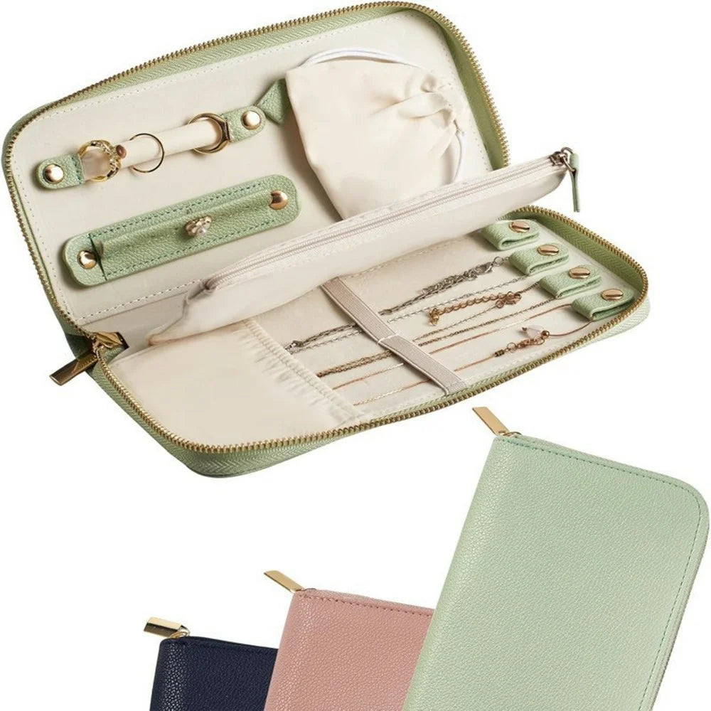 Leather Jewelry Organizer Travel Case Portable Storage Bag for Necklaces Rings Earrings - Green - 1