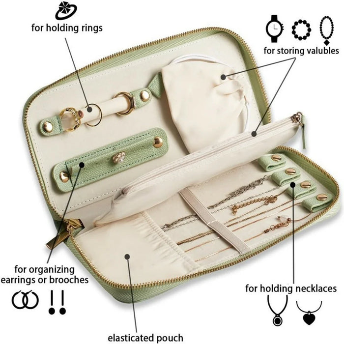 Leather Jewelry Organizer Travel Case Portable Storage Bag for Necklaces Rings Earrings - Green - 2