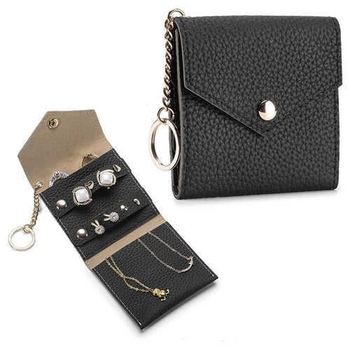 Travel Leather Jewelry Organizer Case Compact Portable Storage Bag for Earrings Rings Necklace - Black - 1