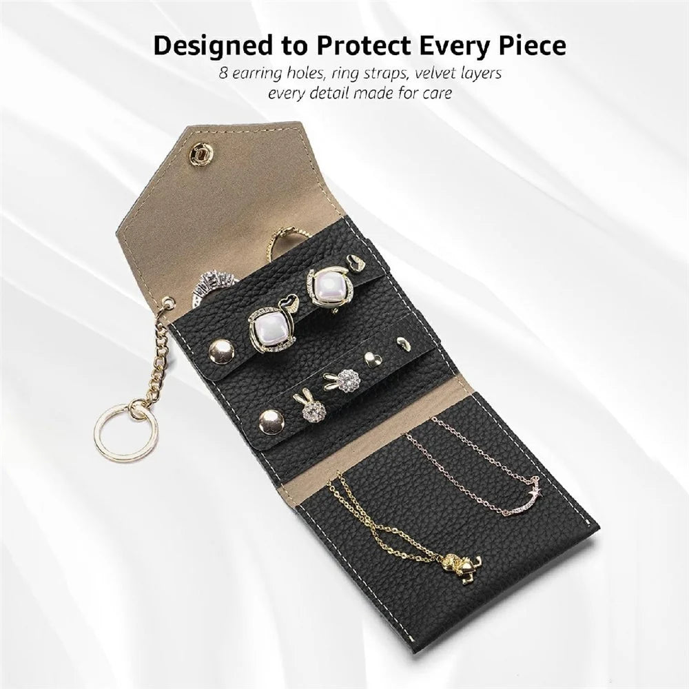 Travel Leather Jewelry Organizer Case Compact Portable Storage Bag for Earrings Rings Necklace - Black - 2