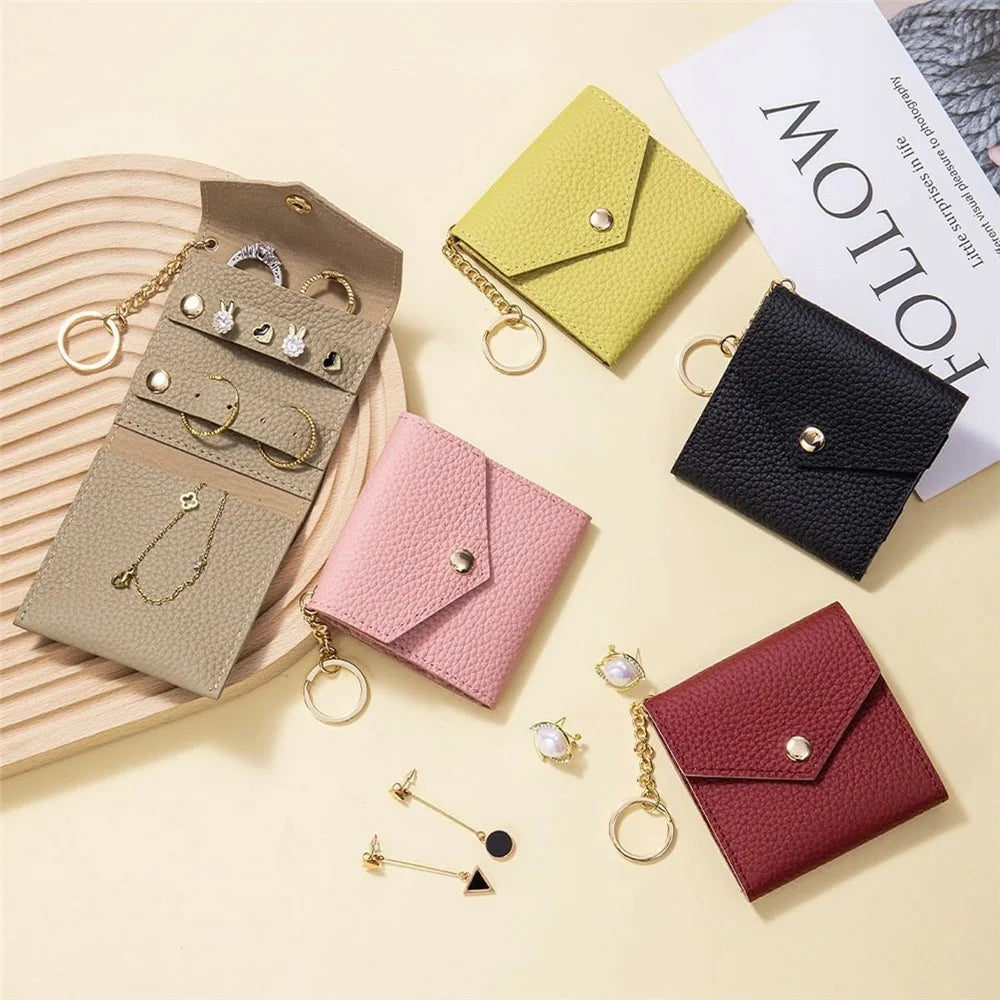 Travel Leather Jewelry Organizer Case Compact Portable Storage Bag for Earrings Rings Necklace - Black - 5