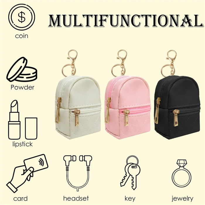 Mini PU Coin Purse Cute Small Backpack Keychain Storage Pouch for Keys Data Cable Lipstick - Beige - 2