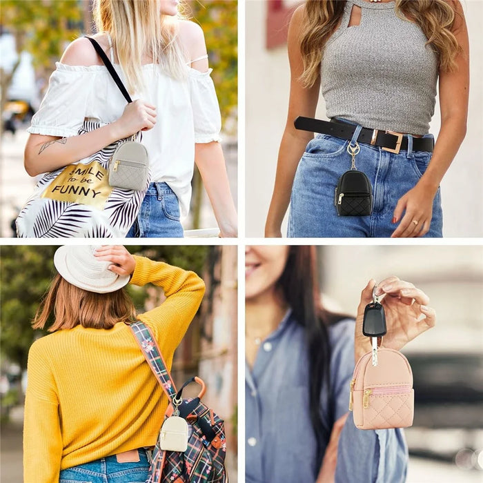 Mini PU Coin Purse Cute Small Backpack Keychain Storage Pouch for Keys Data Cable Lipstick - Beige - 4