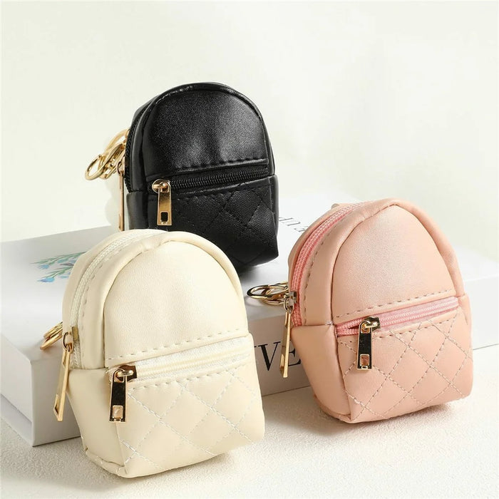 Mini PU Coin Purse Cute Small Backpack Keychain Storage Pouch for Keys Data Cable Lipstick - Beige - 5