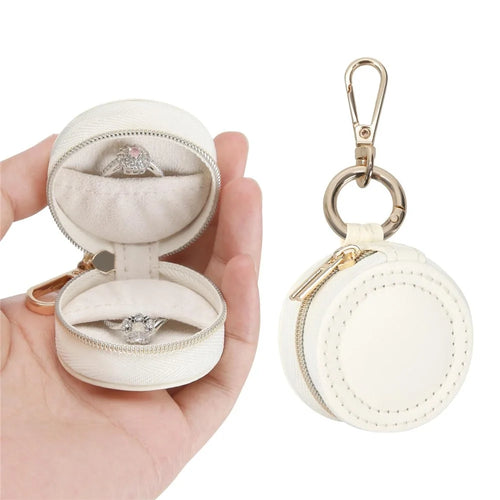 Portable Mini Jewelry Box Keychain Travel Jewelry Case PU Leather Ring Earring Storage Organizer - White  /  Double Stitching - 1