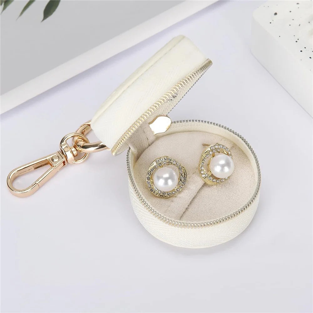 Portable Mini Jewelry Box Keychain Travel Jewelry Case PU Leather Ring Earring Storage Organizer - White  /  Double Stitching - 3