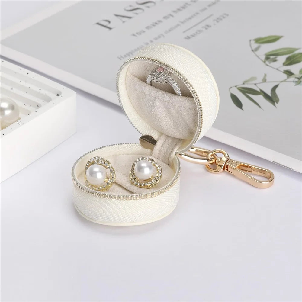 Portable Mini Jewelry Box Keychain Travel Jewelry Case PU Leather Ring Earring Storage Organizer - White  /  Double Stitching - 4