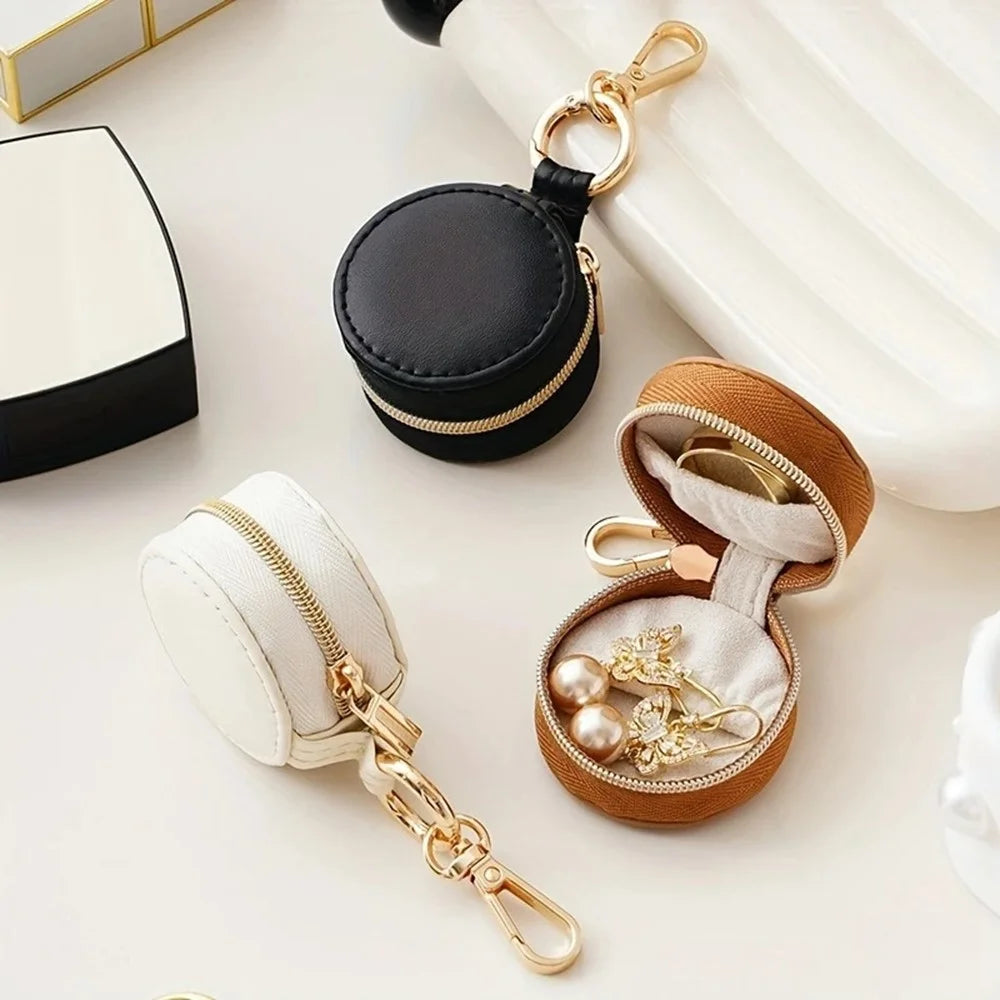 Portable Mini Jewelry Box Keychain Travel Jewelry Case PU Leather Ring Earring Storage Organizer - White  /  Double Stitching - 6