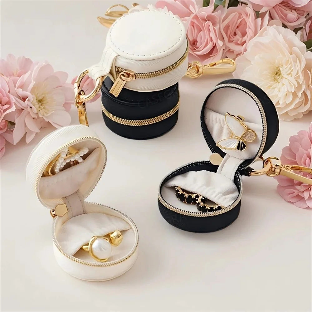 Portable Mini Jewelry Box Keychain Travel Jewelry Case PU Leather Ring Earring Storage Organizer - White  /  Double Stitching - 7